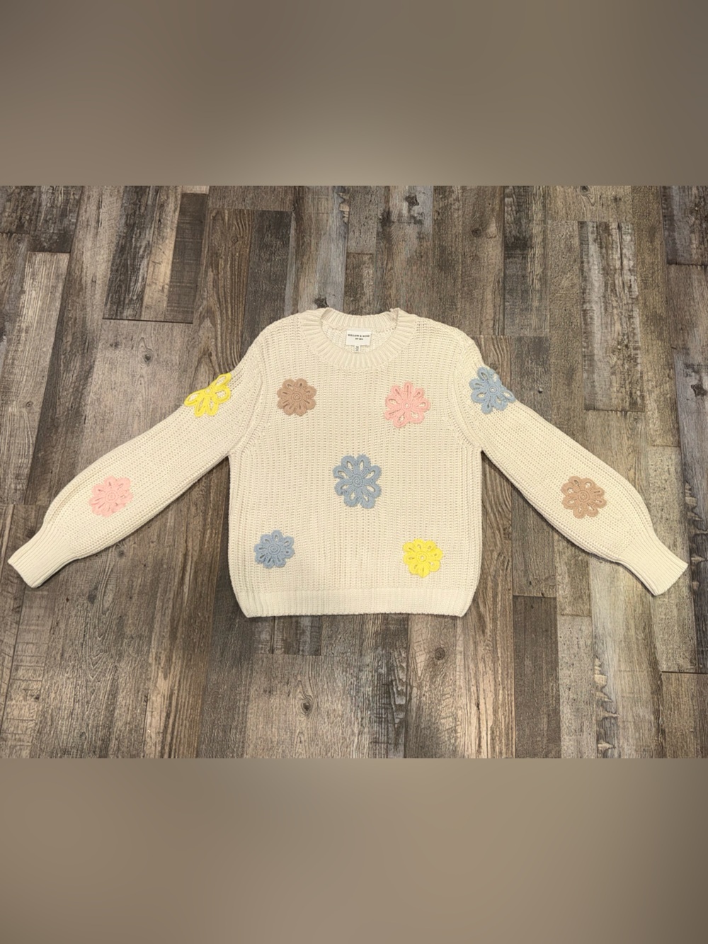 Cream Floral-Appliqué Crewneck Sweater